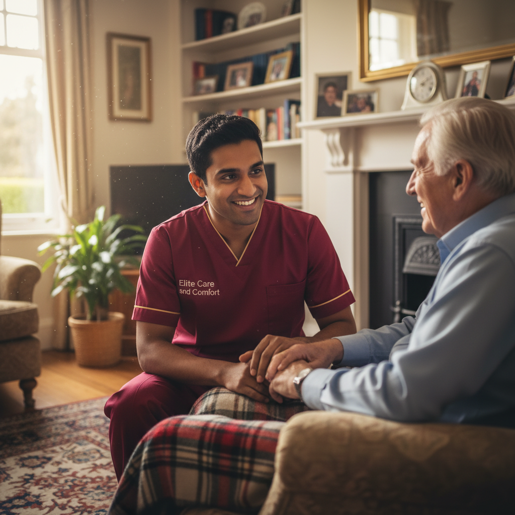 Elite Care and Comfort carer chatting with an older man during a home care visit in Cumbria
