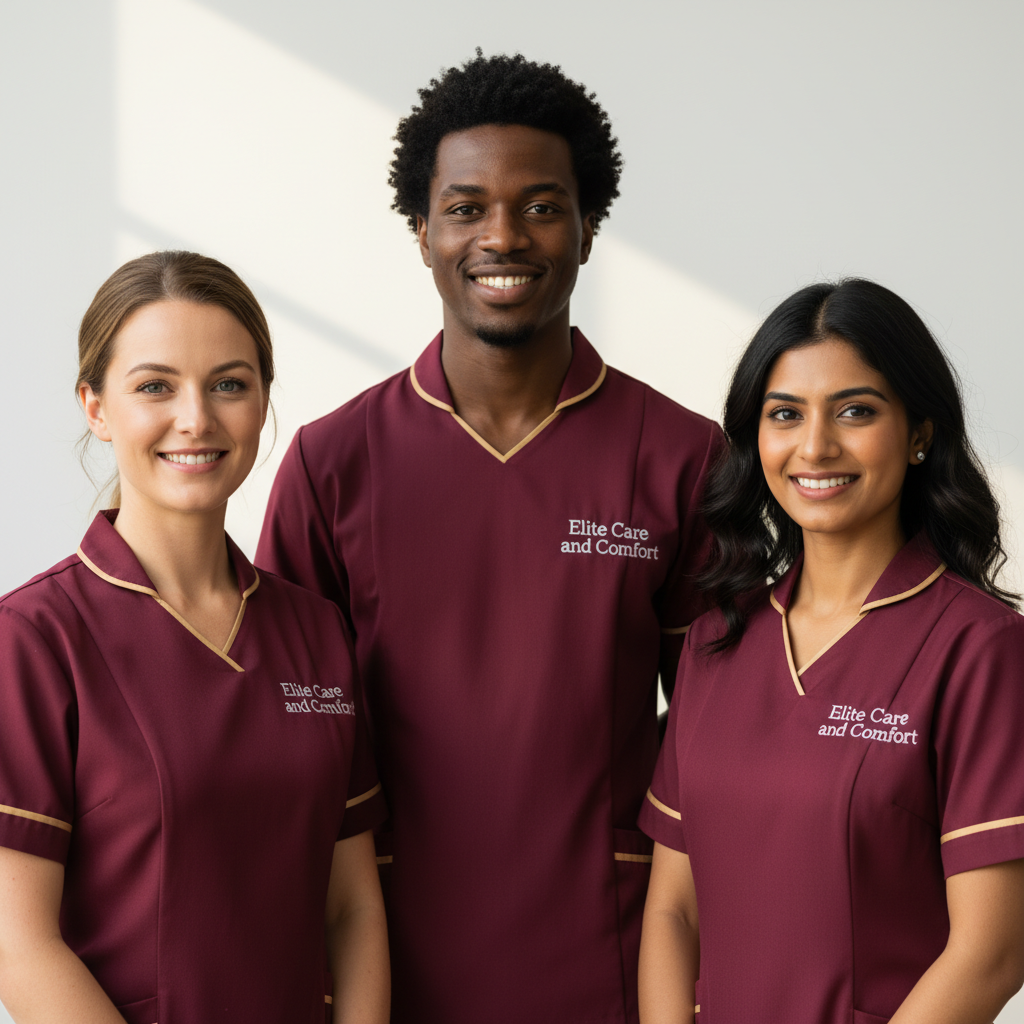 Diverse Elite Care and Comfort learning disabilities support team in crimson uniforms across Barnsley, Doncaster and Cumbria